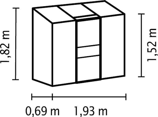 Rektangulär garderob med tre sektioner, två dörrar och två centrala lådor. Mått: 1,82 m hög, 1,93 m bred, 0,69 m djup, sidhöjd 1,52 m.