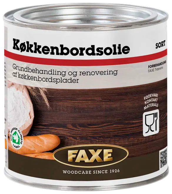 FAXE køkkenbordsolie, sort, til grundbehandling og renovering af køkkenbordsplader. Fødevarekontakt godkendt. Metal dåse med skruelåg, træpleje siden 1926.