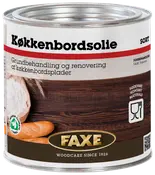 FAXE køkkenbordsolie, sort, til grundbehandling og renovering af køkkenbordsplader. Fødevarekontakt godkendt. Metal dåse med skruelåg, træpleje siden 1926.