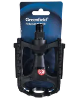 Sort Greenfield MTB pedal med ru kanter for greb, slidstærk plastkrop og metalaksel. Leveres på blå baggrund, velegnet til mountainbikes.