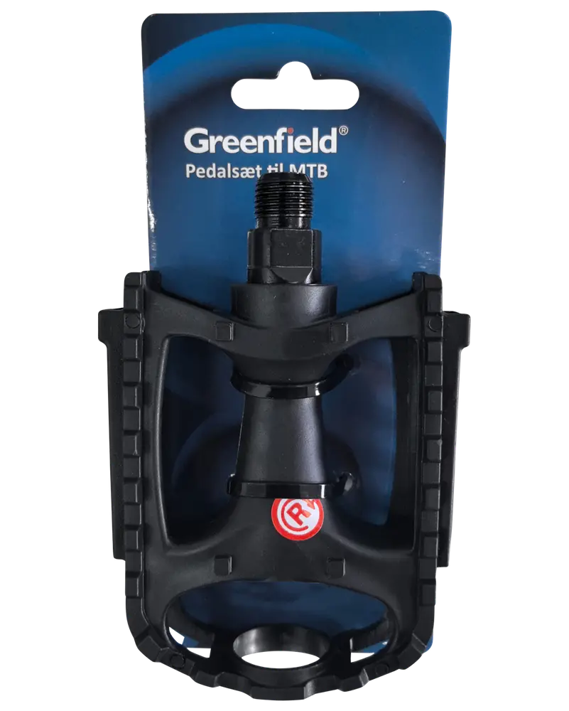 Sort Greenfield MTB pedal med ru kanter for greb, slidstærk plastkrop og metalaksel. Leveres på blå baggrund, velegnet til mountainbikes.