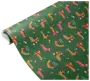 Green wrapping paper featuring a repeating pattern of dachshund dogs wearing red and white Christmas accessories such as Santa hats, scarves, and sweaters. Some dogs are holding gifts or have reindeer antlers. The design includes small stars, snowflakes, and the phrase 'Happy Xmas' scattered throughout.