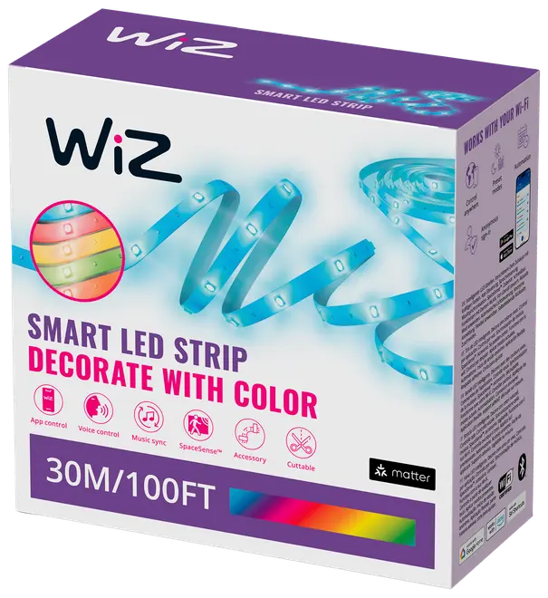 WiZ Smart LED Strip, 30 meter (100 fod), flerfarvet, app- og stemmestyring, musik-synkronisering, kan klippes, Wi-Fi-kompatibel, til dekorativ belysning.