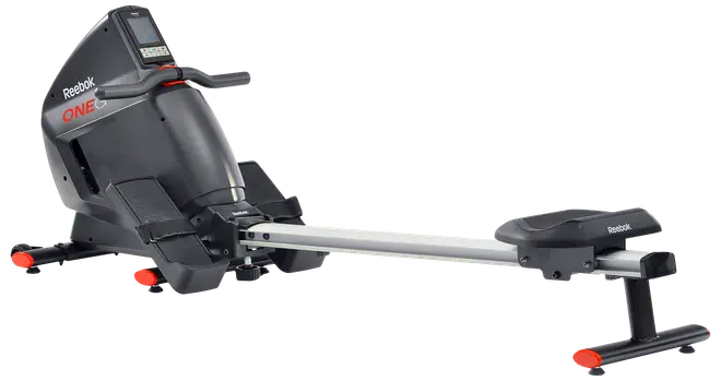 Reebok ONE romaskine med digitalt display, justerbare fodstøtter, polstret sæde og robust ramme. Ideel til hjemmetræning med glidende bevægelse og flere modstandsniveauer.
