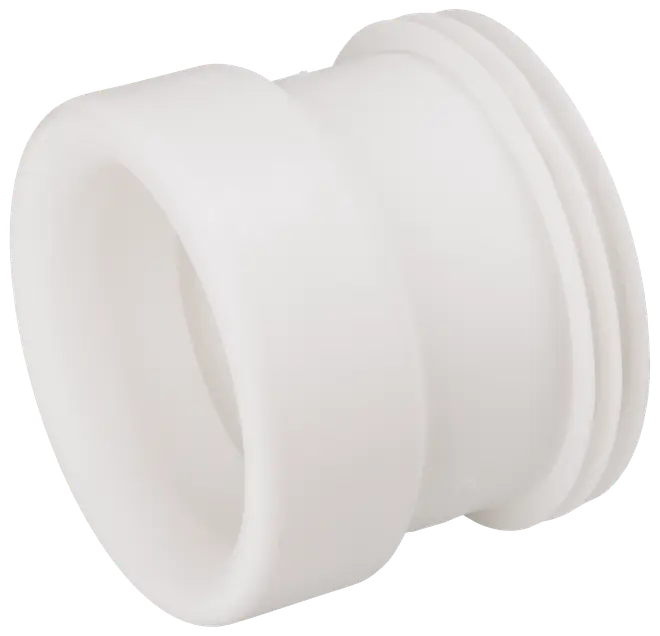 Vitt plastreduceringsrör med slät cylindrisk form, avsett för att koppla rör med olika diametrar i VVS-system. Hållbart och lämpligt för vatten- eller avloppsapplikationer.