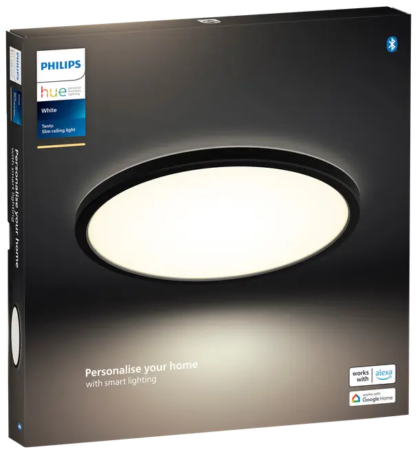 Philips Hue White Tentio slankt loftlys, rundt design, smart belysning, kompatibel med Alexa og Google Home, Bluetooth, sort ramme, velegnet til hjemmet.