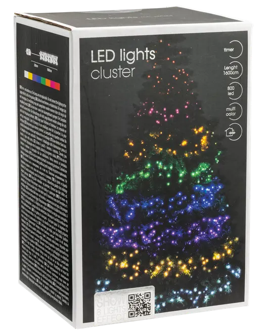Förpackning med flerfärgade LED-klusterljus, 1600 cm lång, 800 LED, timerfunktion. Passar för inomhusbruk, perfekt för att dekorera julgranar med färgglada ljuseffekter.