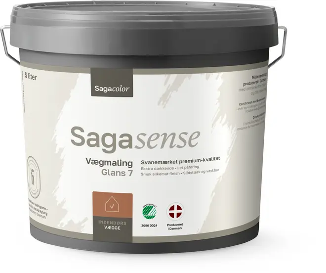 5-liters spand Sagacolor Sagasense vægmaling, indendørs brug, halvmat finish (glans 7), svanemærket, slidstærk, vaskbar, let at påføre, produceret i Danmark, til vægge.