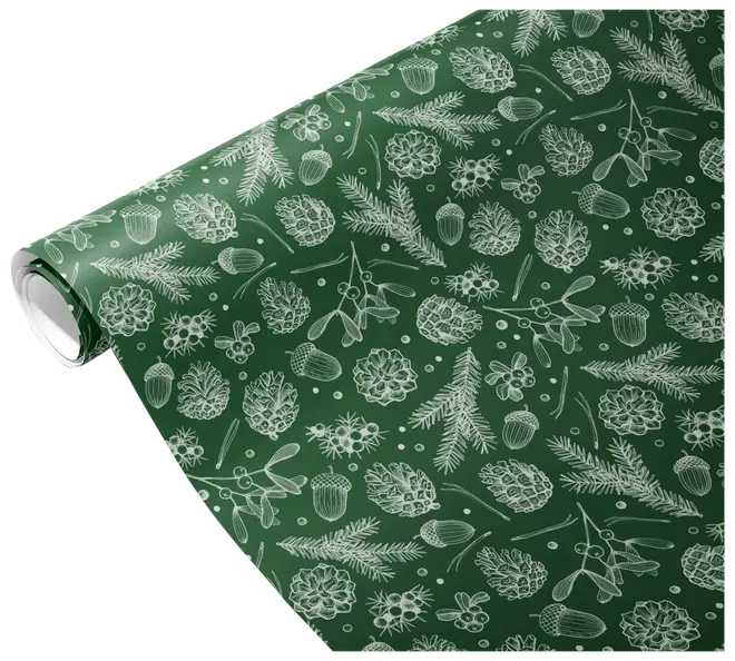 Mörkgrön presentpappersrulle med vitt skogsmönster av kottar, ekollon, blad, kvistar och mistel.