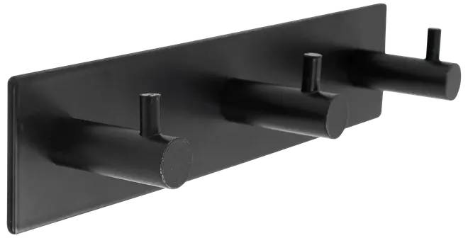 Mat sort sort metal vægkrog med tre cylindriske kroge på rektangulær base. Moderne, minimalistisk design til ophæng af jakker, håndklæder eller tilbehør.