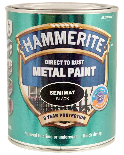 Hammerite Direct to Rust Metal Paint, semimat sort finish, 8 års beskyttelse, vandafvisende, hurtigtørrende, ingen behov for primer eller underlag, egnet til metaloverflader.
