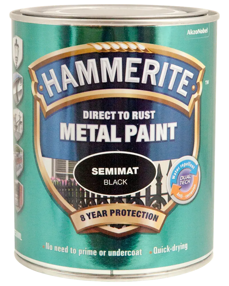 Hammerite Direct to Rust Metal Paint, semimat sort finish, 8 års beskyttelse, vandafvisende, hurtigtørrende, ingen behov for primer eller underlag, egnet til metaloverflader.