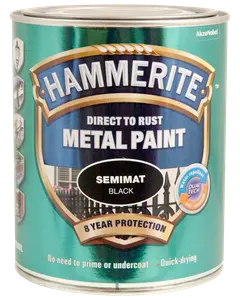 Hammerite Direct to Rust Metal Paint, semimat sort finish, 8 års beskyttelse, vandafvisende, hurtigtørrende, ingen behov for primer eller underlag, egnet til metaloverflader.