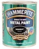 Hammerite sort metalmaling med hamret finish, direkte på rust, 8 års beskyttelse, vandafvisende, hurtigtørrende, ingen grunding nødvendig, egnet til udendørs metaloverflader.