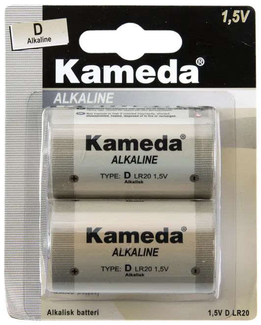 Två Kameda alkaliska D-batterier, 1,5V LR20, silverfärgade, för högförbrukande enheter. Batterierna är förpackade i klar plast.