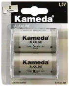 Två Kameda alkaliska D-batterier, 1,5V LR20, silverfärgade, för högförbrukande enheter. Batterierna är förpackade i klar plast.