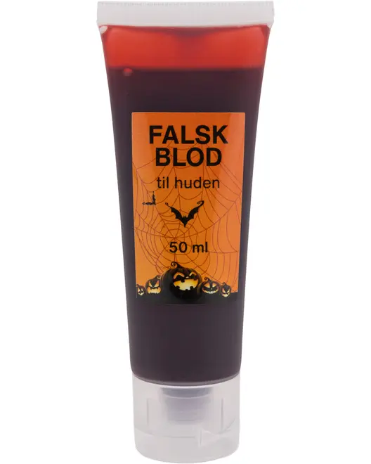 Tube med falsk blod til huden, 50 ml. Mørkerød væske i klar plasttube med orange Halloween-etiket med flagermus, edderkoppespind og græskar.