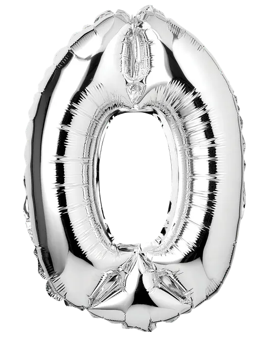 Stor sølvfolieballon formet som tallet nul, med skinnende metallisk finish og selvforseglende ventil, ideel til fester, begivenheder eller dekorationer.