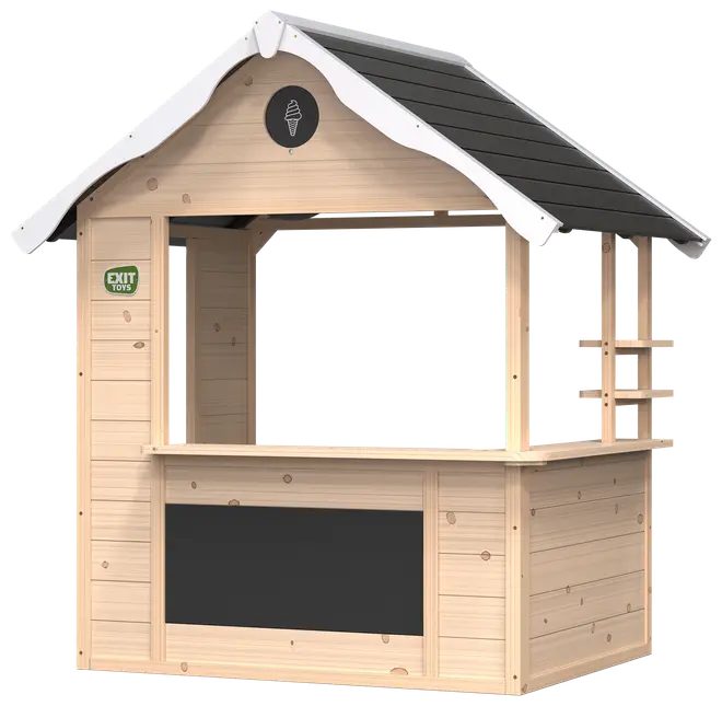 Trælegehus med åbent serveringsvindue, sort tag, tavlepanel og is-skilt. Perfekt til børns rolleleg, robust konstruktion, naturtræ finish, egnet til udendørs brug.