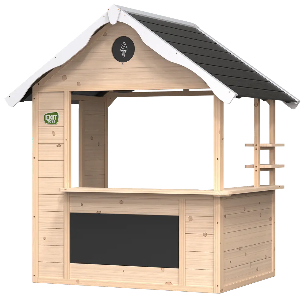Trælegehus med åbent serveringsvindue, sort tag, tavlepanel og is-skilt. Perfekt til børns rolleleg, robust konstruktion, naturtræ finish, egnet til udendørs brug.