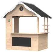 Trælegehus med åbent serveringsvindue, sort tag, tavlepanel og is-skilt. Perfekt til børns rolleleg, robust konstruktion, naturtræ finish, egnet til udendørs brug.