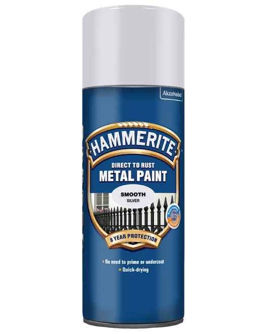 Hammerite Direct to Rust Metal Paint spraydåse, glat sølv finish, 8 års beskyttelse, ingen grunding nødvendig, hurtigtørrende, egnet til metaloverflader.