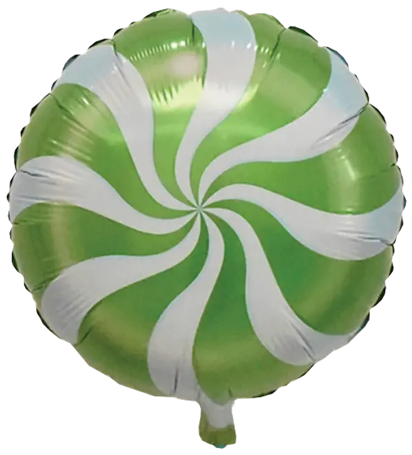 Rund grön och vit folieballong med pepparmyntsinspirerat spiral-mönster och liten fästflik längst ned.
