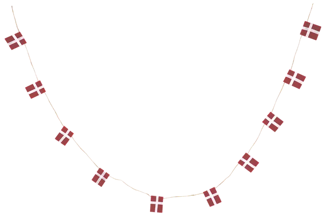 Dekorativ guirlande med små røde flag med hvidt skandinavisk kors, som Dannebrog. Perfekt til fester eller fejringer. Let og nem at hænge op.