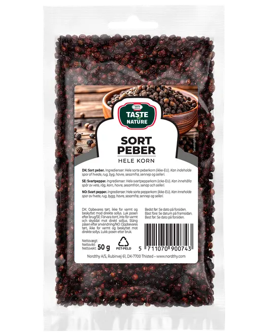 50g återförslutningsbar plastpåse med hela svarta pepparkorn. Transparent framsida visar innehållet. Etikett med produktnamn, ingredienser och streckkod. Passar till kryddning och matlagning.