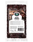 50g återförslutningsbar plastpåse med hela svarta pepparkorn. Transparent framsida visar innehållet. Etikett med produktnamn, ingredienser och streckkod. Passar till kryddning och matlagning.