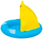 Oppustelig blå babypool med gul sejlskygge, blød bund og sjove hvide plaskemotiver. Perfekt til små børn, giver solbeskyttelse og komfortabel vandleg.