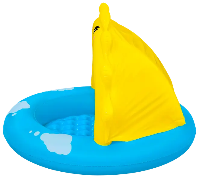 Oppustelig blå babypool med gul sejlskygge, blød bund og sjove hvide plaskemotiver. Perfekt til små børn, giver solbeskyttelse og komfortabel vandleg.