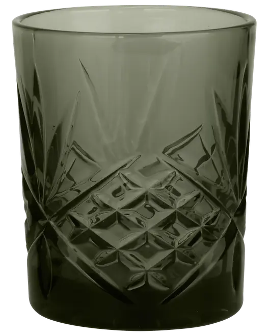 Mørkegrøn glas tumbler med sopskåret krystalmønster, diamant- og stjernedesign. Kort, cylindrisk form, ideel til whisky eller cocktails. Rummer cirka sop 250-300 ml.