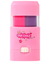 Lyserød hårkridt-applikator i plastik med to farver: pink og lilla. Har drejemekanisme i bunden og sjovt “Hair Chalk”-mærkat på forsiden.