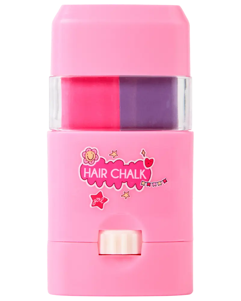 Lyserød hårkridt-applikator i plastik med to farver: pink og lilla. Har drejemekanisme i bunden og sjovt “Hair Chalk”-mærkat på forsiden.
