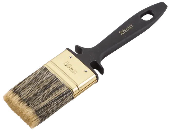 Flad malerpensel med sort plastikhåndtag, guldfarvet metalbånd og naturbørster. Håndtaget har ophængshul og 'Schuster' logo. Børsten er 50 mm bred.