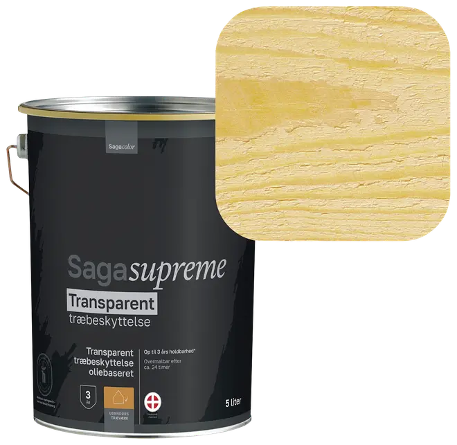 5 liters spand Saga Supreme transparent træbeskyttelse, oliebaseret. Prøven viser en klar finish, der fremhæver træets naturlige årer med en let gul nuance.