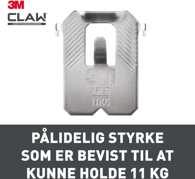 3M metal vægophæng med klodesign, kan holde op til 11 kg. Robust og pålidelig styrke til sikker montering. Egnet til tunge genstande, nem installation, sølvfarvet finish.