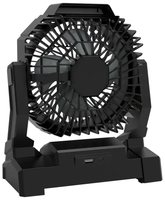 Kompakt sort USB-bordventilator med beskyttelsesgitter, justerbar hældning og solid base. Har både USB-A og USB-C porte. Perfekt til personlig afkøling på arbejdspladsen.