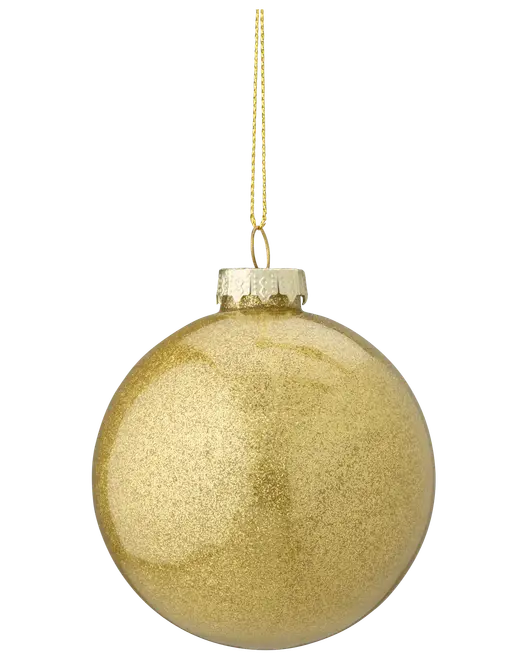 Rund julgranskula i guld med glittrig yta, metallock och gyllene upphängningssnöre. Lätt och okrossbar, perfekt för juldekoration.