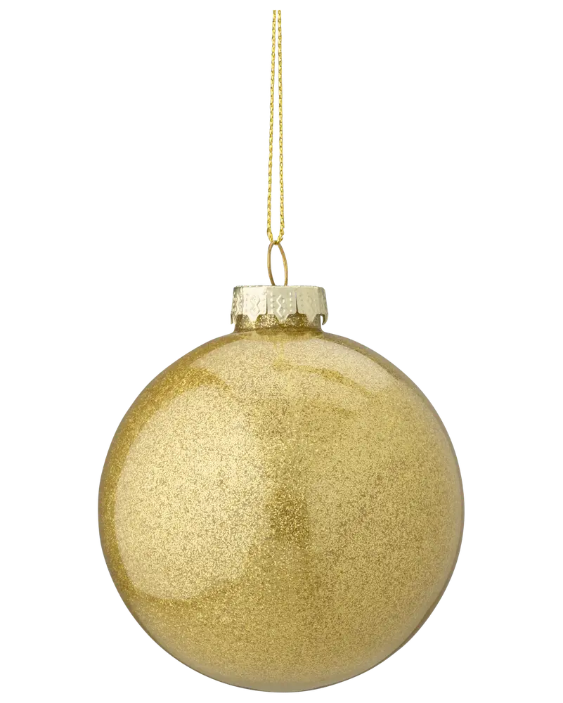 Rund julgranskula i guld med glittrig yta, metallock och gyllene upphängningssnöre. Lätt och okrossbar, perfekt för juldekoration.