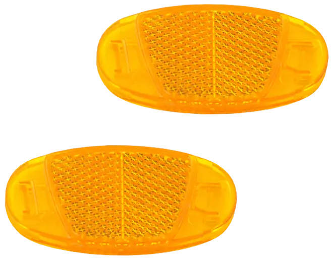 Två ovala bärnstensfärgade reflexer med texturerad mitt och släta genomskinliga kanter, troligen för cykel eller fordon.