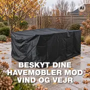 Sort vandtæt møbelovertræk til udendørs brug, der beskytter et rektangulært havebord eller sofa mod vind og vejr.