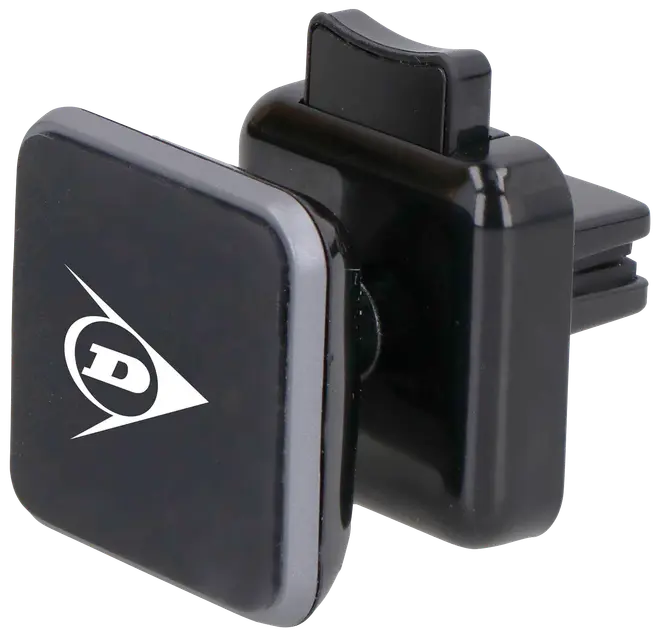 Sort magnetisk mobilholder til bil med Dunlop-logo, designet til montering på luftventiler. Kompakt, firkantet form med solid klips for sikker fastgørelse og nem adgang til telefonen.