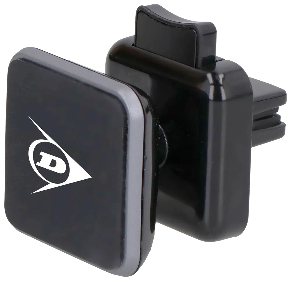 Svart magnetisk mobilhållare för bil med Dunlop-logga, fästs på luftventil. Kompakt, fyrkantig design med robust klämma för säker montering och enkel åtkomst till telefonen.