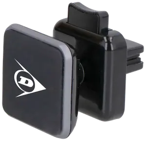 Svart magnetisk mobilhållare för bil med Dunlop-logga, fästs på luftventil. Kompakt, fyrkantig design med robust klämma för säker montering och enkel åtkomst till telefonen.