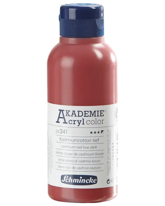500 ml flaska Schmincke Akademie akrylfärg, kadmiumröd nyans mörk. Blå skruvlock och vit etikett med produktinformation på flera språk.