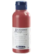 500 ml flaska Schmincke Akademie akrylfärg, kadmiumröd nyans mörk. Blå skruvlock och vit etikett med produktinformation på flera språk.