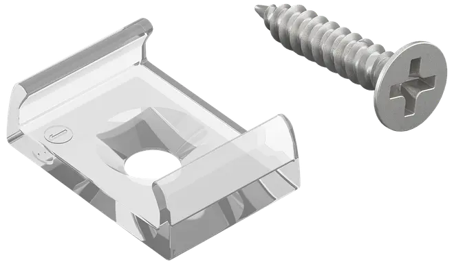 Metalklemme og skruesæt, sølvfarvet. Klemmen har et centralt hul til skruen og hævede kanter for sikker fastgørelse. Velegnet til montering af paneler eller hardware.