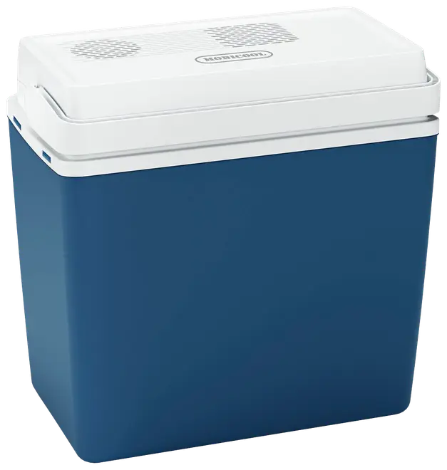 Blå og hvid elektrisk køleboks med sikker låg, ventilationshuller og robust design. Perfekt til at holde mad og drikke kolde på rejser, picnic eller udendørs aktiviteter.